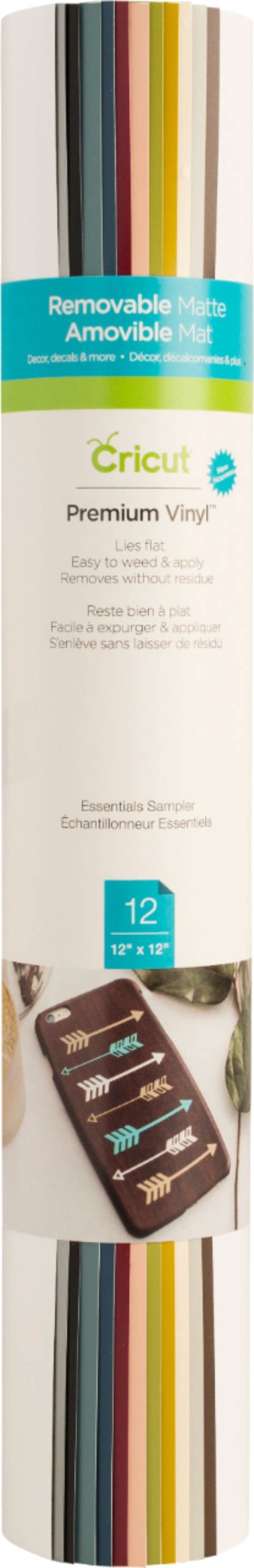2004326 - Cricut Premium Vinyl Removable 12X12'' 12-Sheet Sampler (Essentials); 12 sheets 12\" x 12\" (30.5 cm x 30.5 cm) in Black, White, Teal, Fuchsia, Wine, Coffee, Bright Yellow, Cream, Light Purple, Vivid Blue, Cardinal Red, Green; Removes without residue; Lies flat so you can cut with ease and accuracy; Easy to weed, effortless to apply; Ideal for making easily removable decals, labels, window decor, and more ; For all Cricut® cutting machines